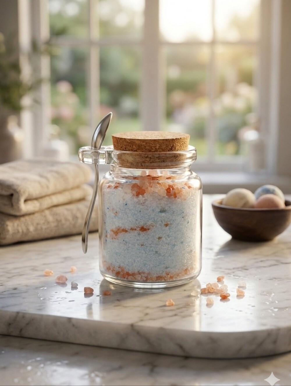 Glass Jar of Pink & Light Blueberry Bath Salts with Cork Lid